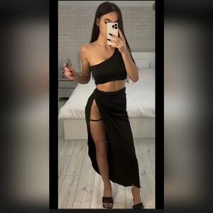 Zaful HOT ITEM! One Shoulder Twisted Side Asymmetrical 2pc Set in Black. Sz XL.